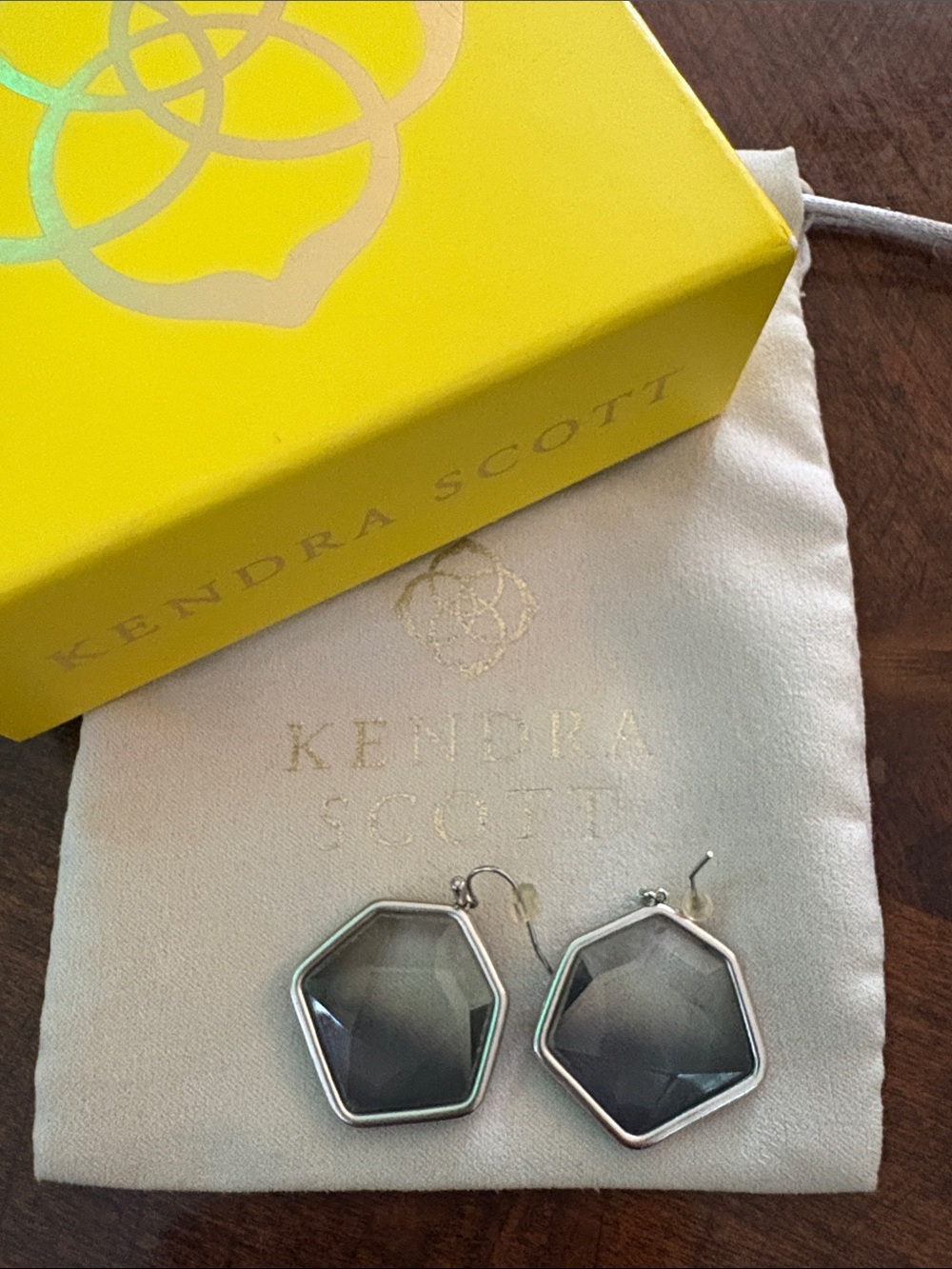 Beautiful Kendra Scott Silver Hexagon Earrings with Smoky Gray Stone